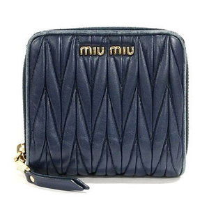 Miu Miu Matelasse Bifold Wallet Navy Blue Nappa Sheepskin Leather Coin